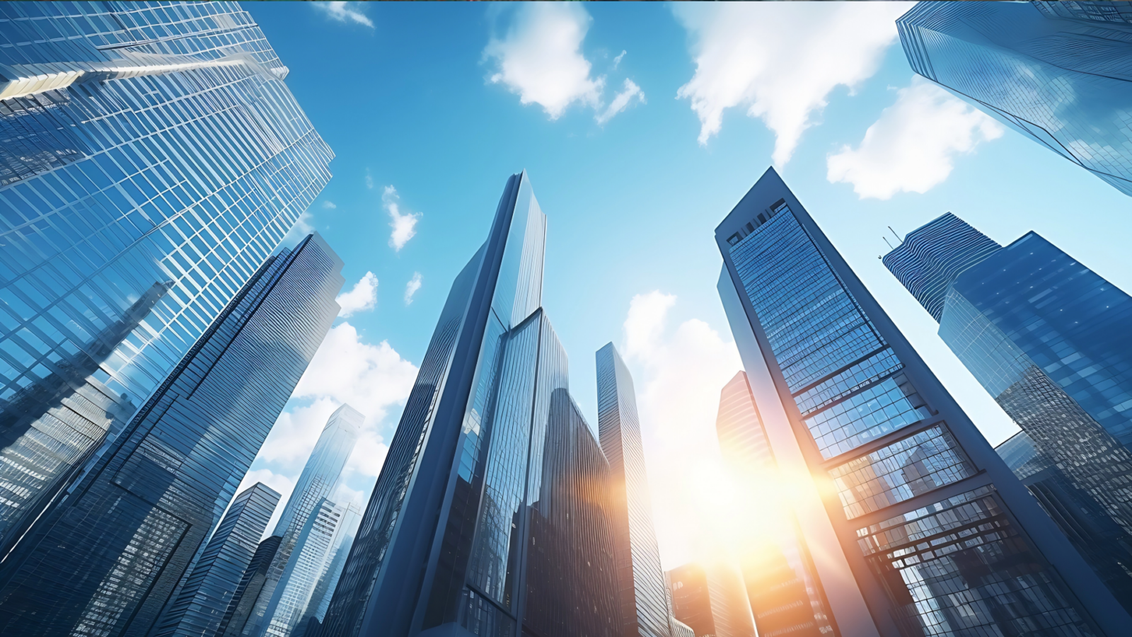 View looking up from the ground to multiple high rise buildings with the sun appearing behind one of the buildings