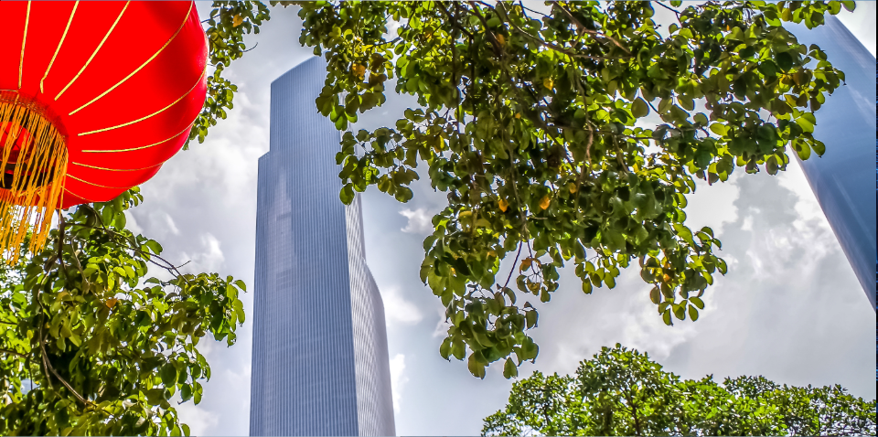 Tainjin CTF Finance Centre street view through trees with red chinese lantern to the left